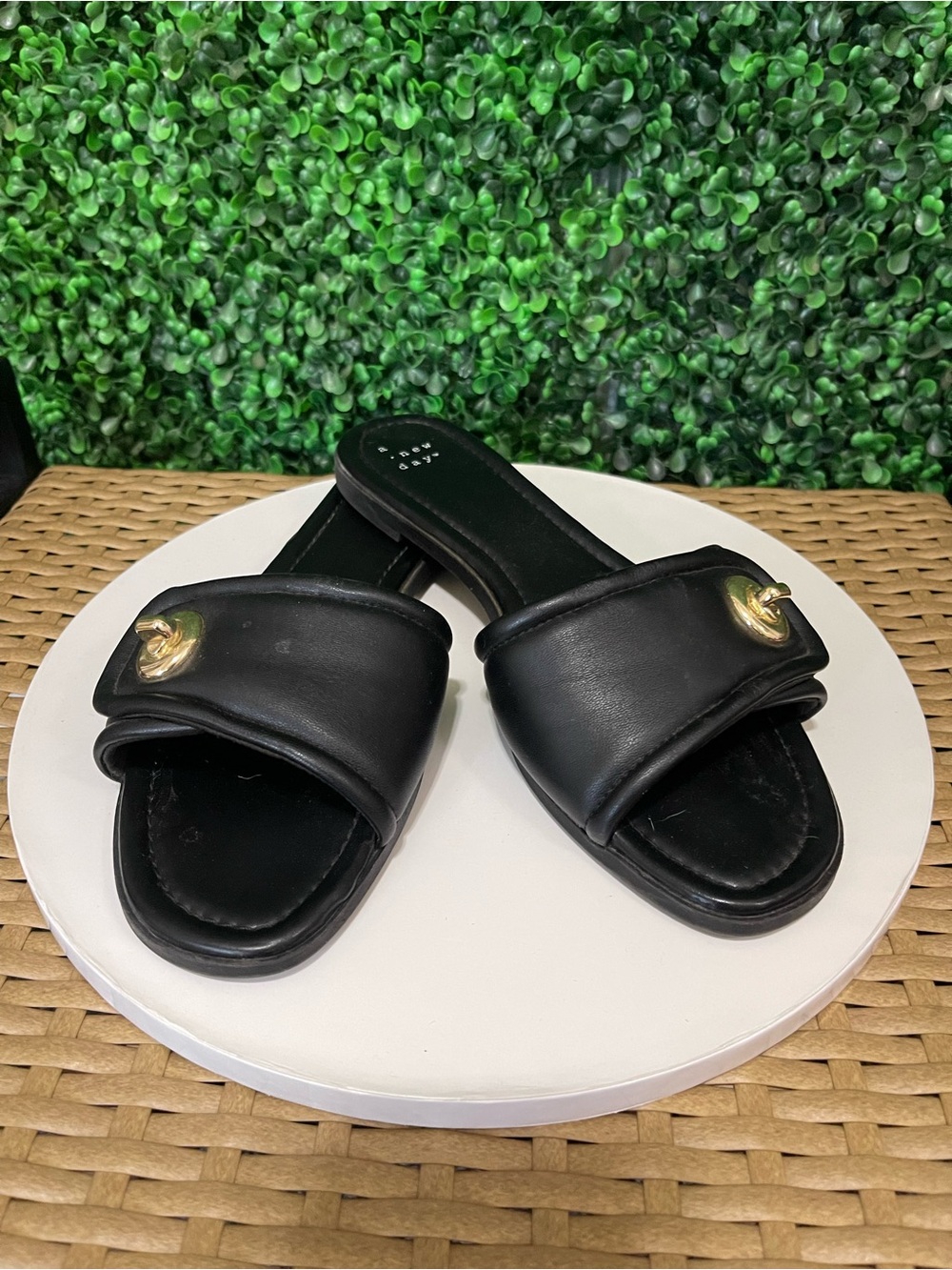 A New Day Black Slide Sandals with Gold Accent Button